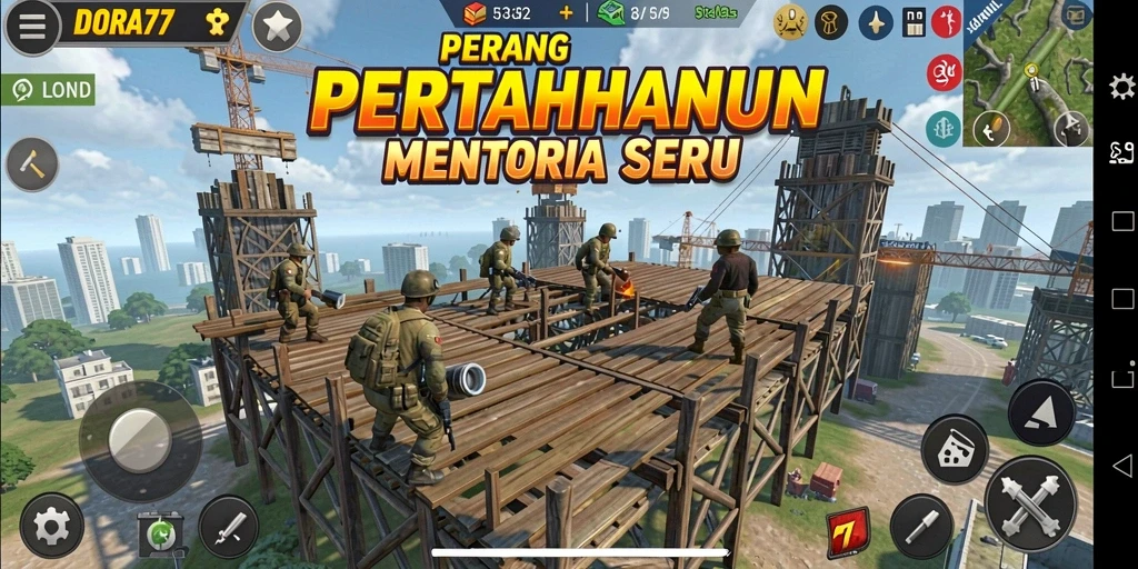 Tampilan gameplay DORA77 yang menegangkan dalam pertempuran Tower Defense.