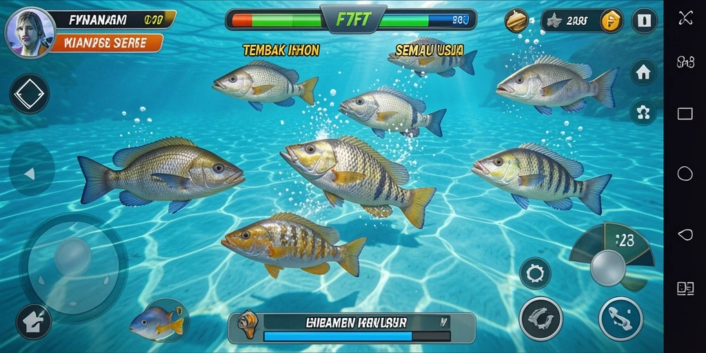 Tampilan gameplay F7F7 dengan aksi tembak ikan yang seru.