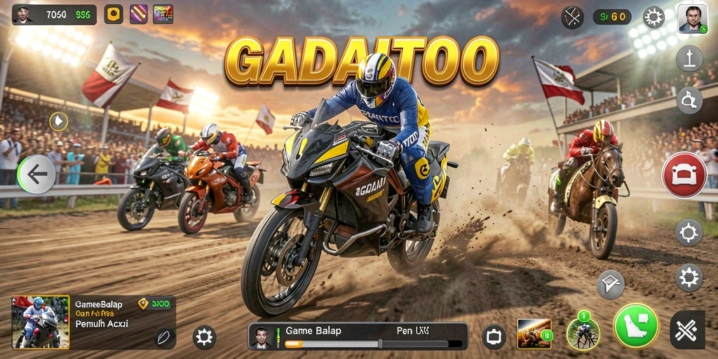 Screenshot utama GADAITOTO menampilkan aksi balap yang intens dan mendebarkan.