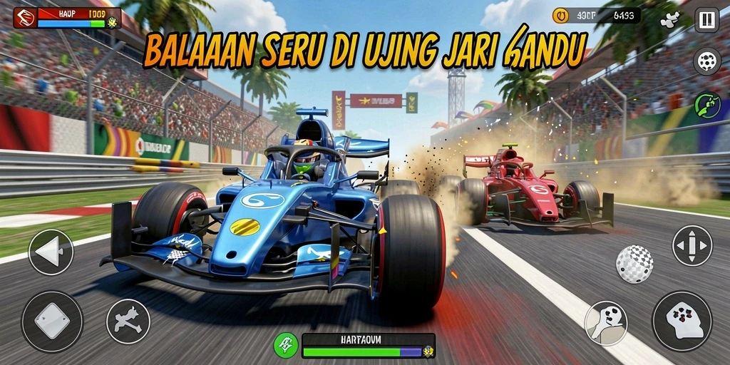 Screenshot gameplay HARAPJP yang menunjukkan balapan seru dan aksi kecepatan tinggi.