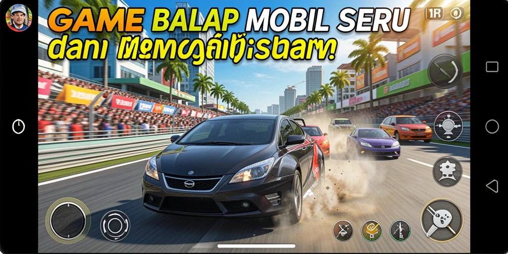 Tampilan gameplay seru dengan mobil balap beraksi di trek yang menantang.