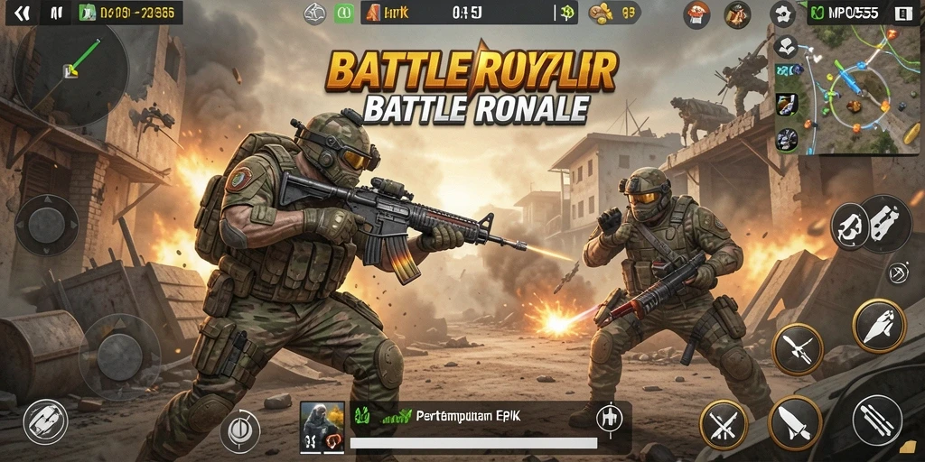 Screenshot MPO555 yang menunjukkan aksi mendebarkan dalam permainan Battle Royale.