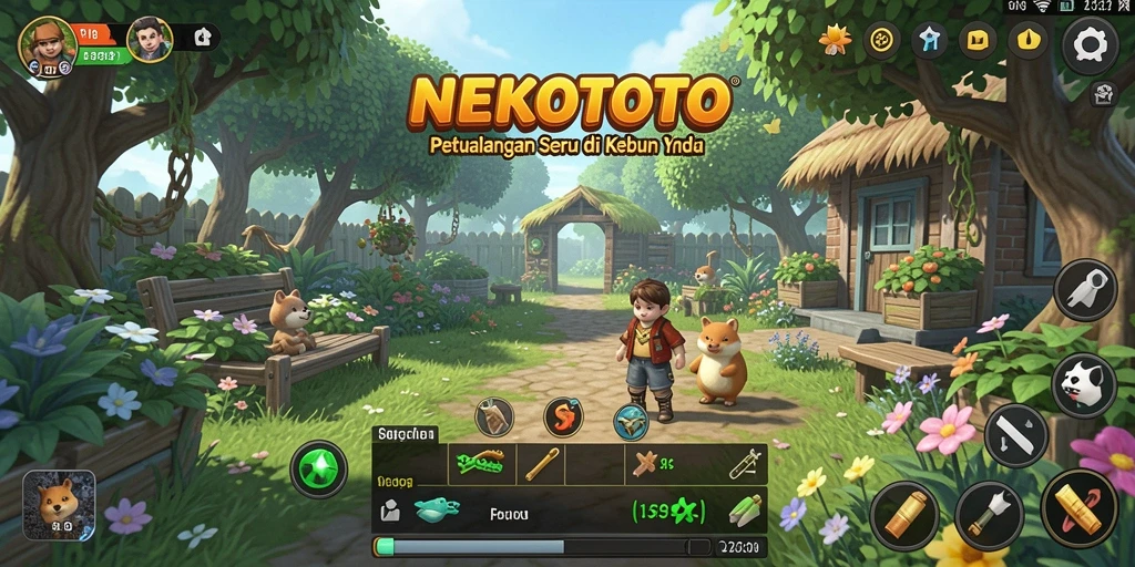 Tangkapan layar gameplay <strong>NEKOTOTO</strong> menampilkan kebun yang indah dan penuh warna.