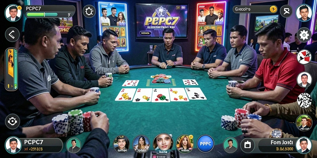 Screenshot gameplay PCPC7 yang menunjukkan aktivitas meja poker.