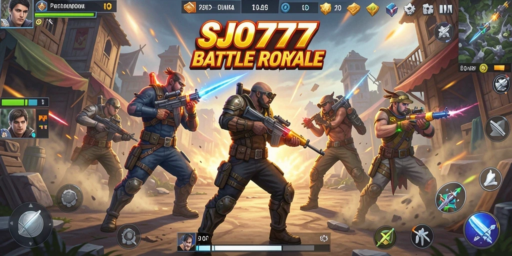 Screenshot gameplay SJO777 menampilkan pertempuran intens dalam arena Battle Royale.