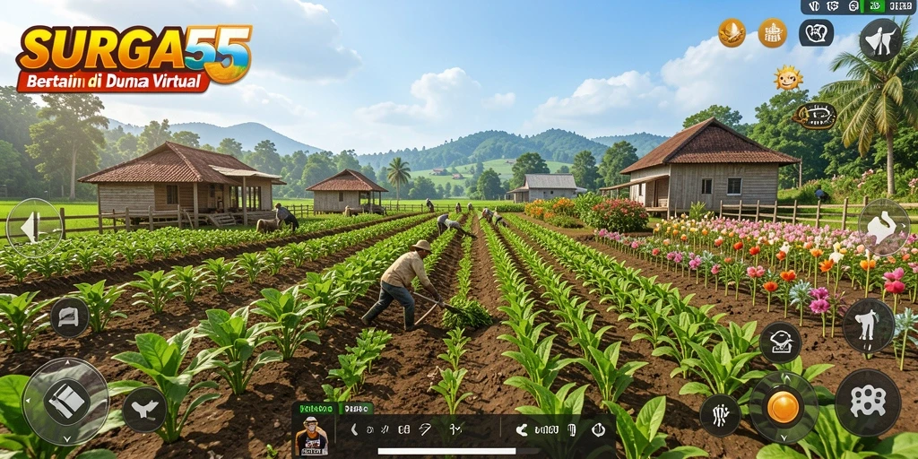 Screenshot gameplay SURGA55 menampilkan pertanian yang indah dan interaksi sosial antar pemain.