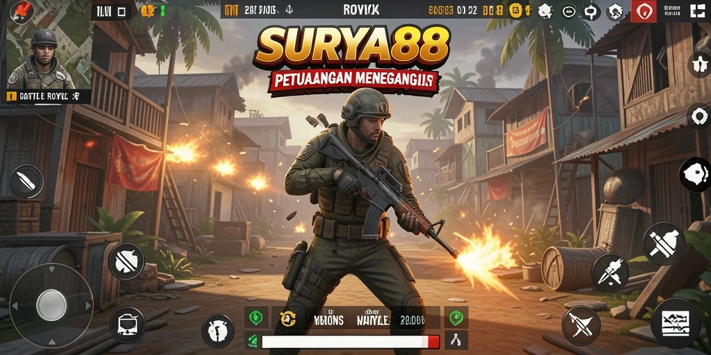 Gameplay seru SURYA88 dalam pertempuran Battle Royale yang intens.